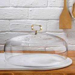 NUDE Cupola Cake Dome Medium With Brass Handle And Marble Base